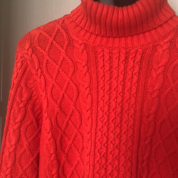 Lands End Cable Knit Turtle Neck Blood Orange Sweater Sz XL - Picture 2 of 12